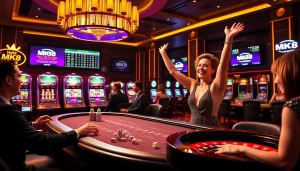 MK8 players celebrating a big win at a luxurious online casino with thrilling gaming atmosphere.