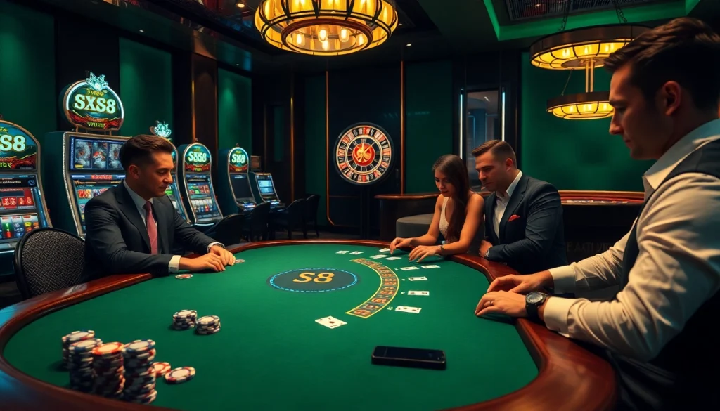 S8 poker players strategizing at a luxurious casino table surrounded by vibrant slot machines.