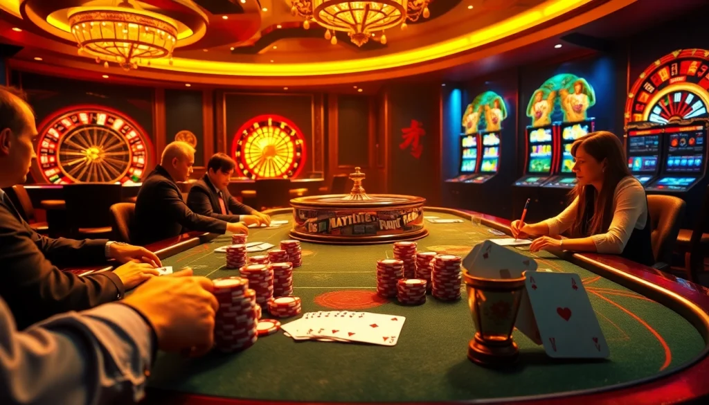 Engage with captivating poker action at the hz88 casino, showcasing vibrant gaming tables and excitement.