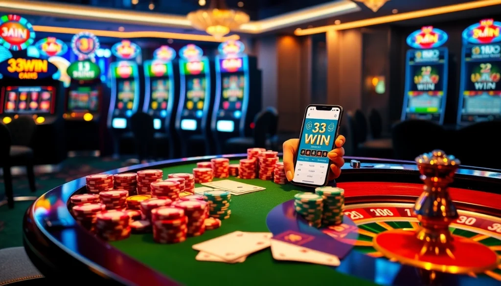 Experience the thrilling atmosphere of 33WIN with poker chips and a roulette wheel.