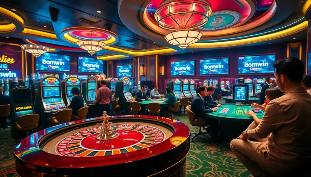 Experience seamless gameplay with Đăng nhập bomwin at a vibrant casino scene featuring roulette and slots.