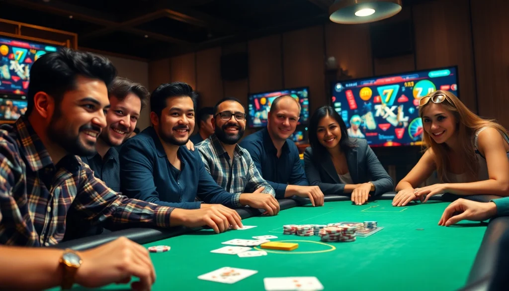 משחק מרגש בפלטפורמת הפוקר המקוונת 7XL עם שחקנים מגוונים המשתתפים סביב שולחן פוקר דיגיטלי.