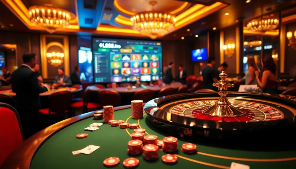 The excitement of gambling at https://lc88.bio/ with vibrant poker chips and a roulette wheel in a luxurious casino scene.