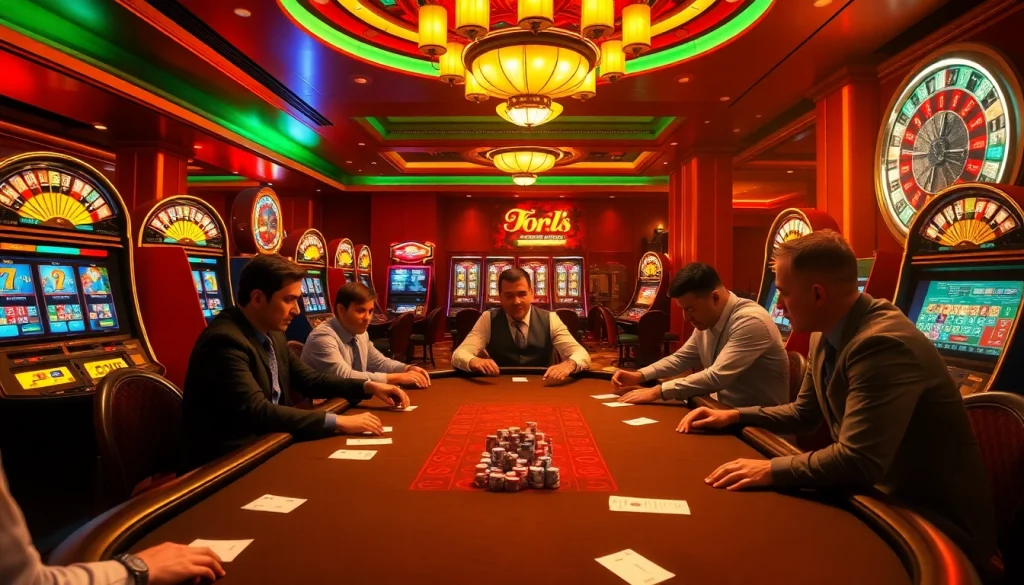 Players celebrating wins at a poker table, inspired by https://rr88co.net/ with vibrant casino elements.