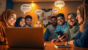 مشهد تفاعلي لشات عربي يعرض مستخدمين متنوعين يشاركون في بيئة دردشة رقمية.