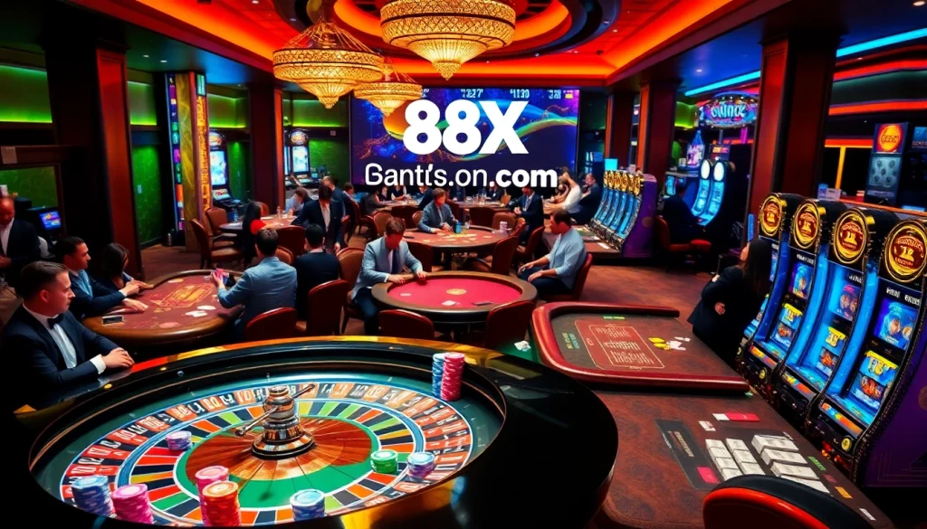 Engaging gambling experience at 88xx com with roulette, poker tables, and vibrant slot machines.