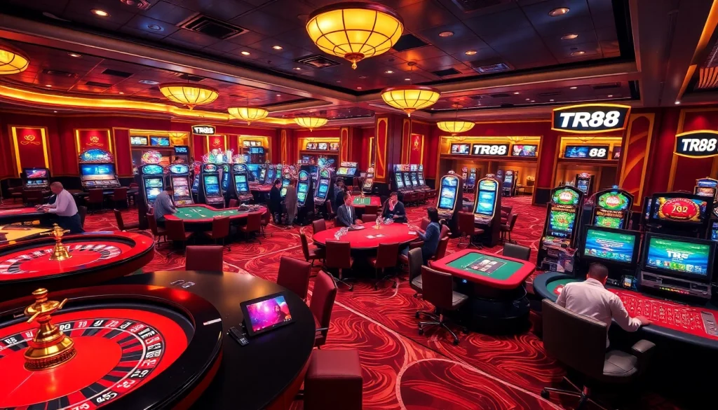 Players enjoying thrilling games at TR88 casino tables, capturing excitement and luxury.