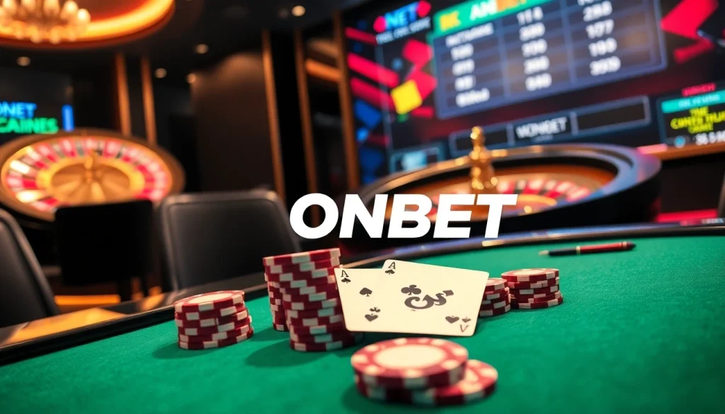 Engage in high-stakes poker at ONBET's luxurious casino interface with vibrant roulette.