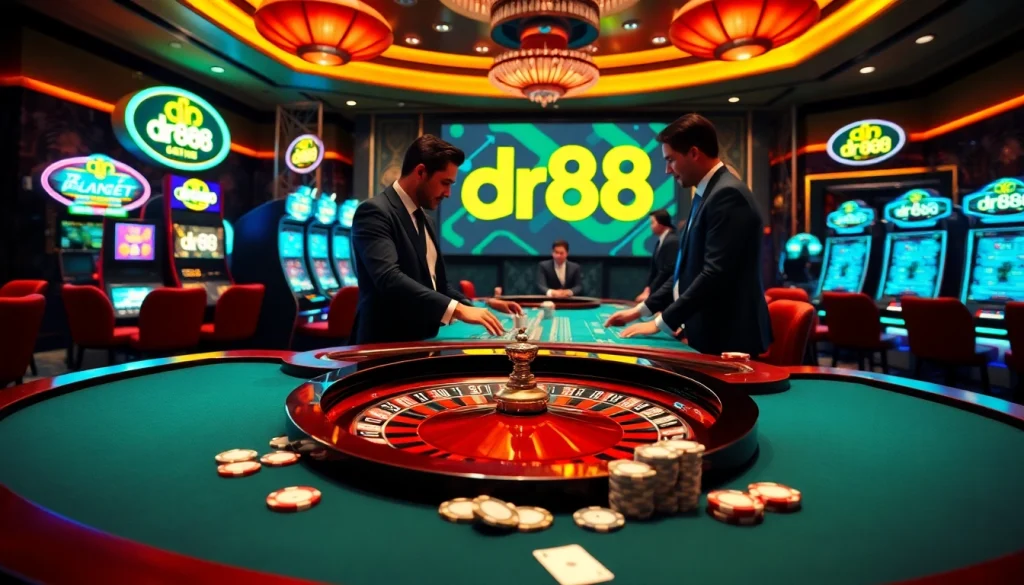 Exciting casino scene showcasing dr88 with poker chips and roulette in a luxurious gaming environment.