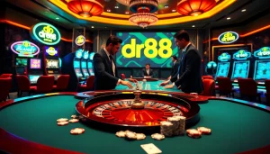 Exciting casino scene showcasing dr88 with poker chips and roulette in a luxurious gaming environment.
