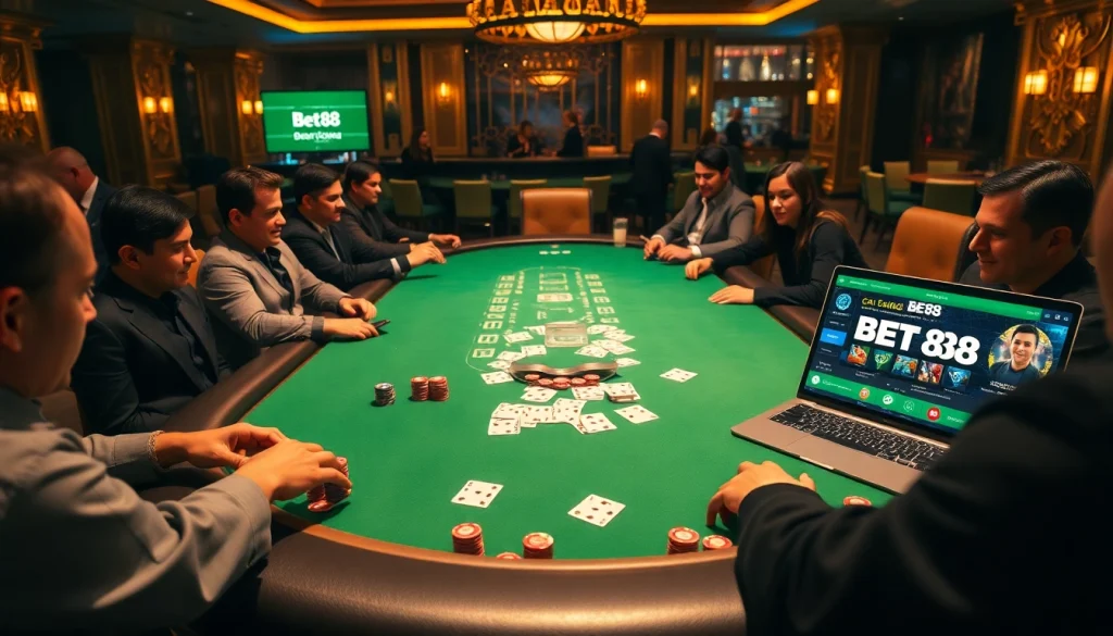 Bet88 players enjoying a thrilling poker game at a luxurious casino table.