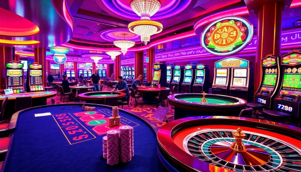 Players celebrate wins at the lively 789p casino floor filled with colorful gaming tables and machines.