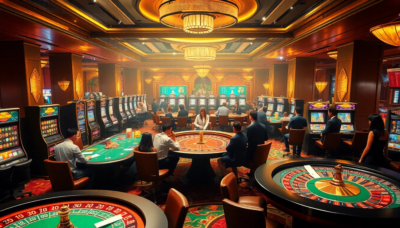 Gamblers revel in excitement at the 88i casino with vibrant tables and slot machines.
