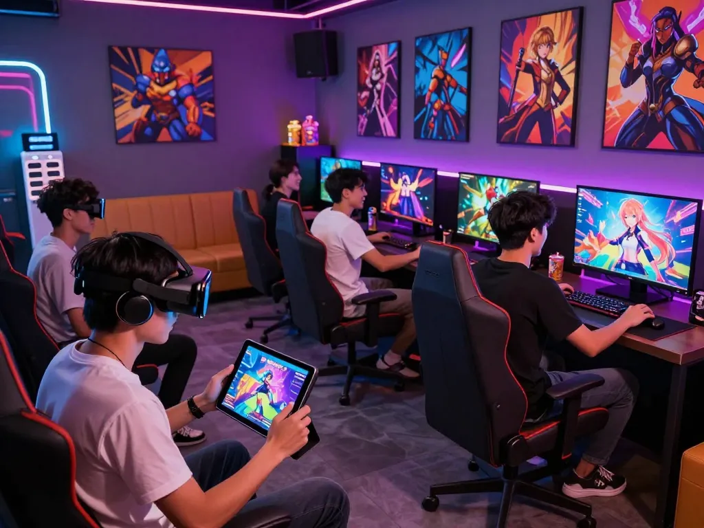 Gamers enjoying engaging porn games in a modern gaming lounge setting.