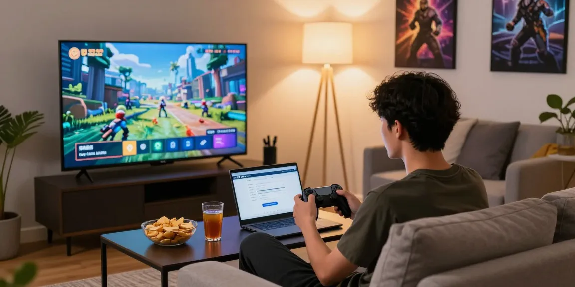 Raja Game login scene featuring a gamer in a cozy setting with snacks and a laptop.